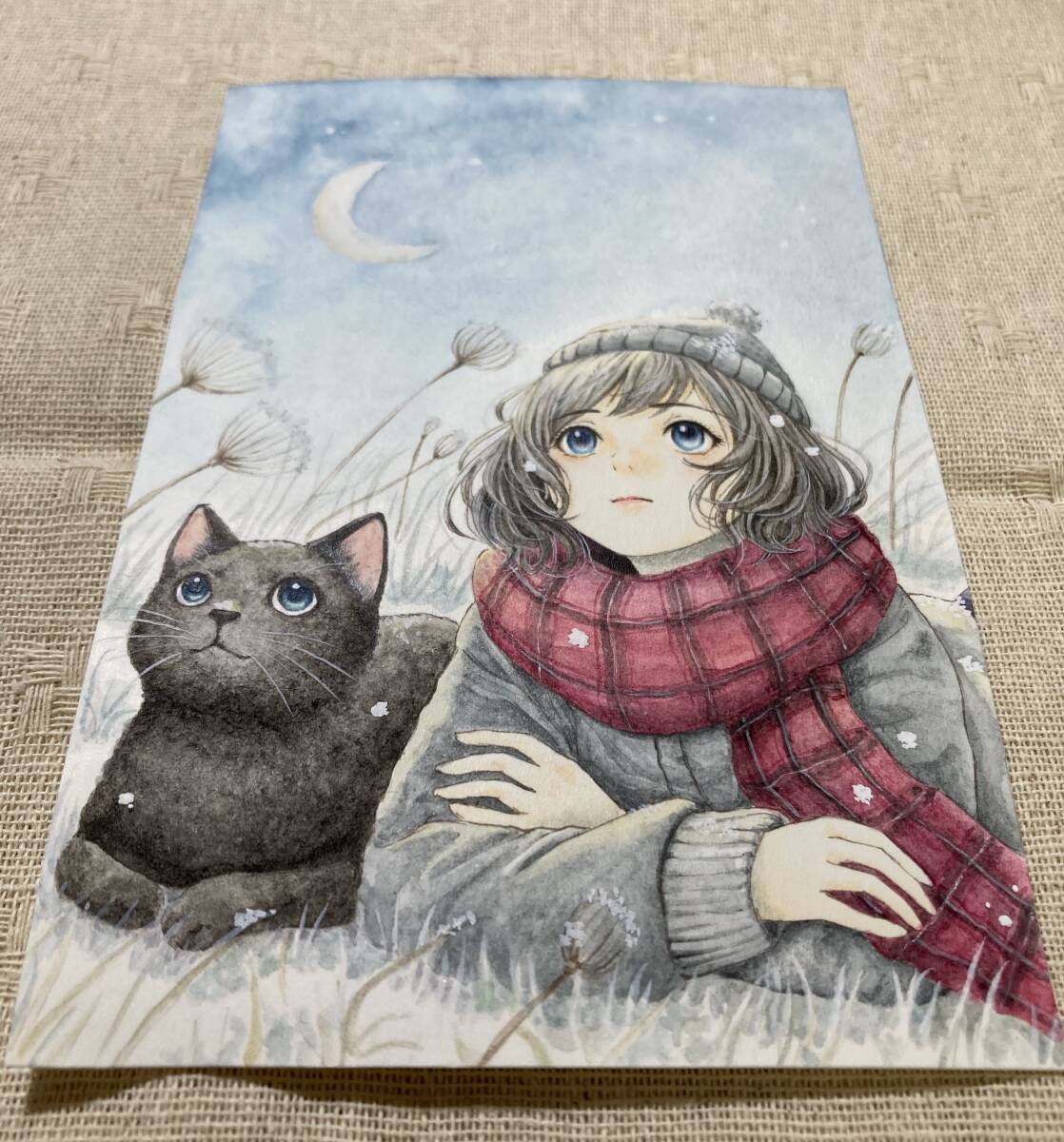 雪の夜　猫　原画　手描き　イラスト 手描きイラスト◇オリジナル『冬の夜、にゃんこと』 はがきサイズ