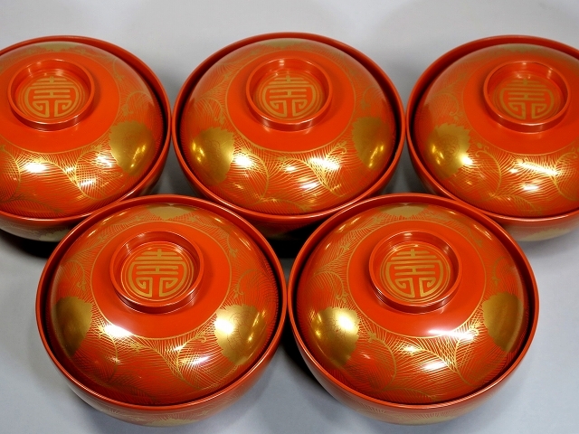 雑煮椀 五客 輪島塗 MB483輪島塗 共箱 黒塗 鼓 松竹梅 金銀蒔絵 天然