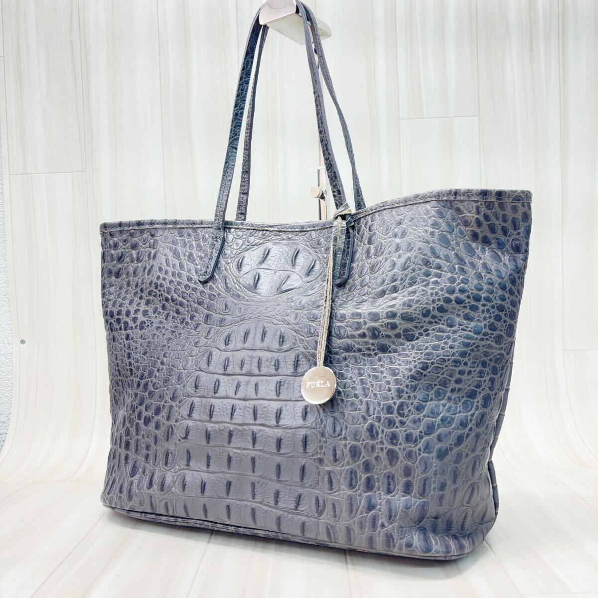 FN250110-90 □美品□FURLA フルラ クロコ型押 トートバッグ 肩掛け 