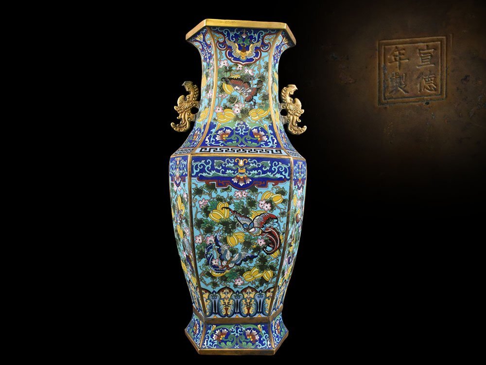 七宝焼 中国古玩 唐物 七宝花蝶文瓶 文化遺産オンライン 初 【雲】某