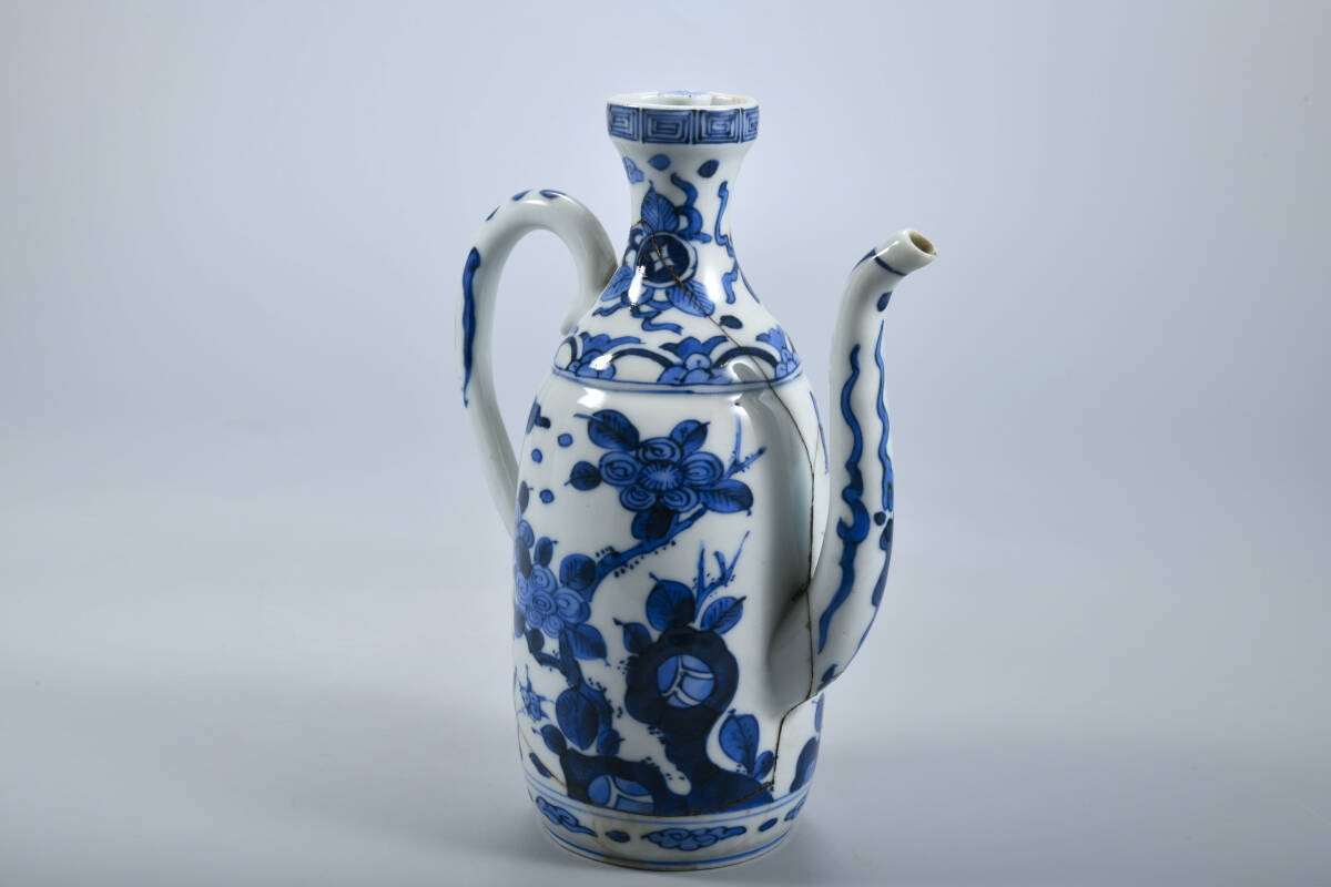BR2214-中国美術 古染 青華 染付 花卉文急須 酒器 唐物・高21cm - 古 