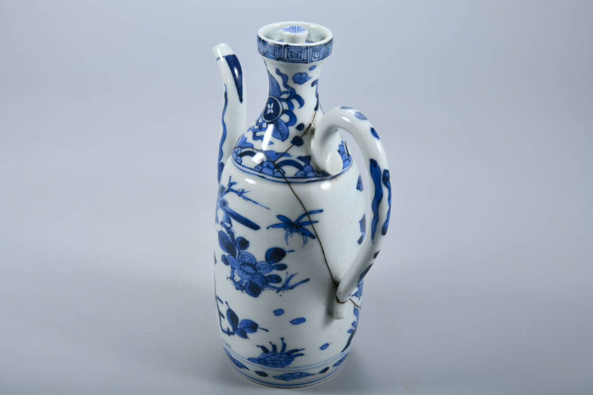 BR2214-中国美術 古染 青華 染付 花卉文急須 酒器 唐物・高21cm - 古 