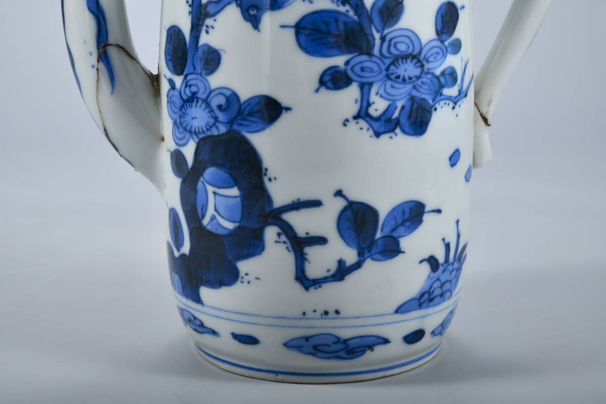 BR2214-中国美術 古染 青華 染付 花卉文急須 酒器 唐物・高21cm - 古 