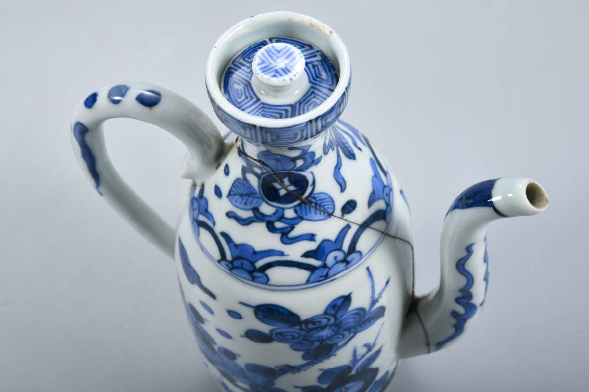 BR2214-中国美術 古染 青華 染付 花卉文急須 酒器 唐物・高21cm - 古 