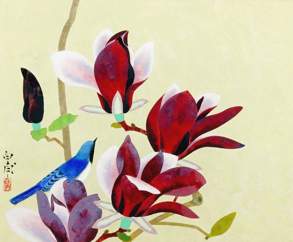 真作】【WISH】森白甫「木蓮の花」日本画 8号 金泥仕様 ◇花鳥図逸品