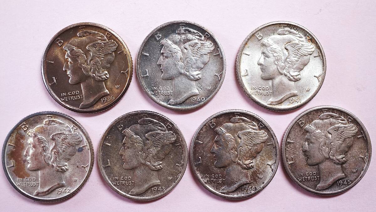 アメリカ合衆国 マーキュリーダイム 10セント銀貨 1936(D)40年(D)41年