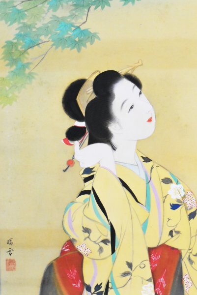 K5244 真作 稲垣晴雪「美人図」絹本 肉筆 上村松園 橋本関雪師事 着物