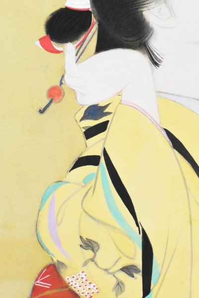 美人画掛け軸、文読む女絹本、稲垣晴雪作画（上村松園の弟子)大正後期～昭和作品 K5244 真作 稲垣晴雪「美人図」絹本 肉筆 上村松園 橋本関雪師事 着物