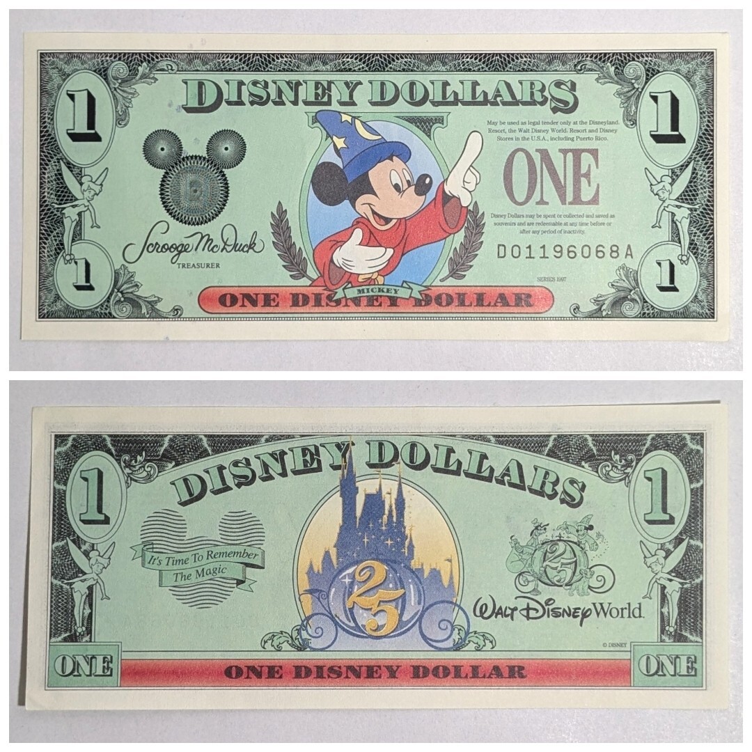 Disney Dollar 1ドル ミッキーマウス シンデレラ城 2枚 ディズニーダラー 1ドル札 2種類 5枚】 ミッキーマウス 25周年記念