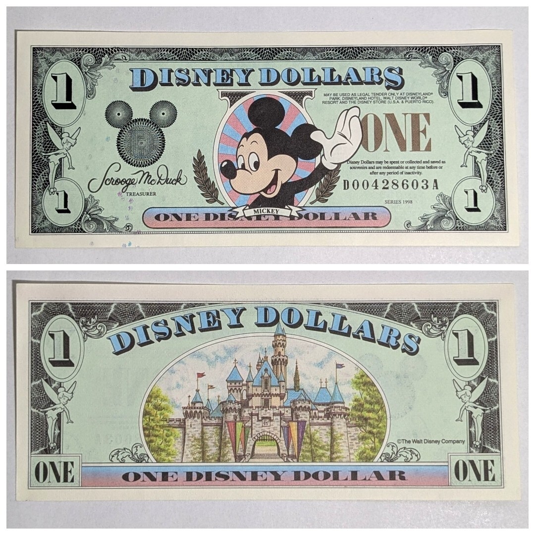 Disney Dollar 1ドル ミッキーマウス シンデレラ城 2枚 ディズニーダラー 1ドル札 2種類 5枚】 ミッキーマウス 25周年記念