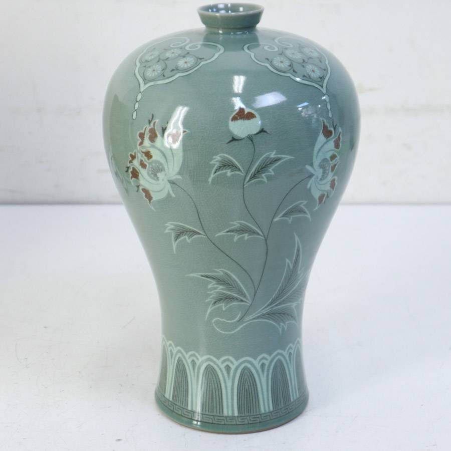 美品！延栢作 高麗青磁 辰砂花文 梅瓶 一輪挿し 花瓶 共箱付き 韓国