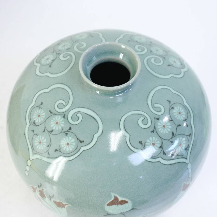 美品！延栢作 高麗青磁 辰砂花文 梅瓶 一輪挿し 花瓶 共箱付き 韓国