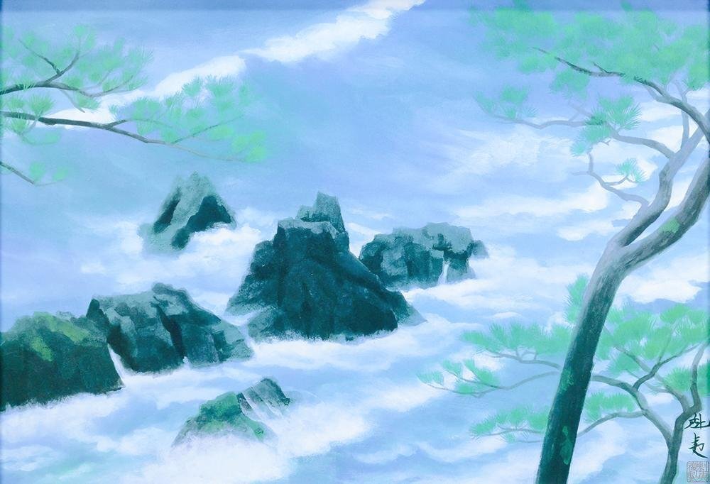 WISH】東山魁夷「潮聲」工芸画(岩絵の具方式) 約10号 証明シール 〇