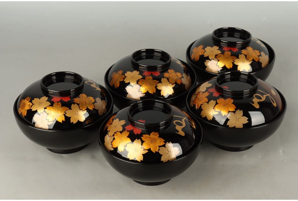 URA]輪島塗興畑漆器店造/蒔絵雪月花煮物椀5客/共箱/10-6-28 (検索)骨董