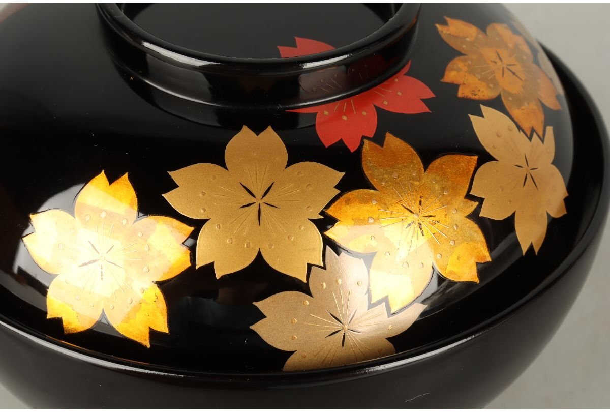URA]輪島塗興畑漆器店造/蒔絵雪月花煮物椀5客/共箱/10-6-28 (検索)骨董