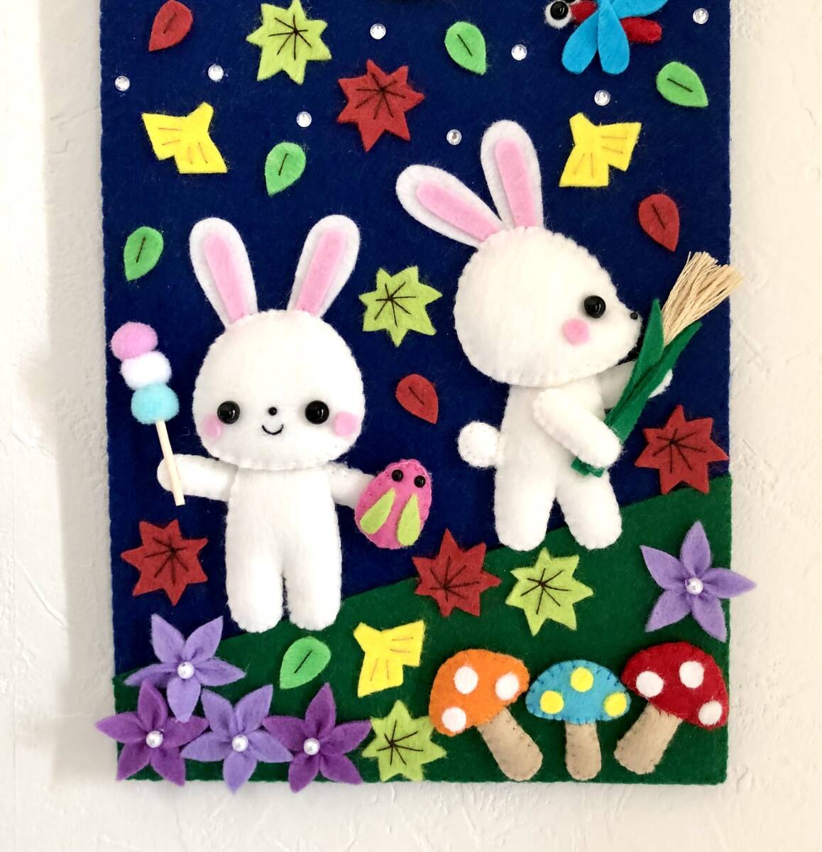 ☆*ん様 秋❀フェルトリース　月夜を旅するお月さま気球　十五夜 ハンドメイド☆フェルト☆リース☆秋☆お月見☆十五夜☆うさぎ☆団子