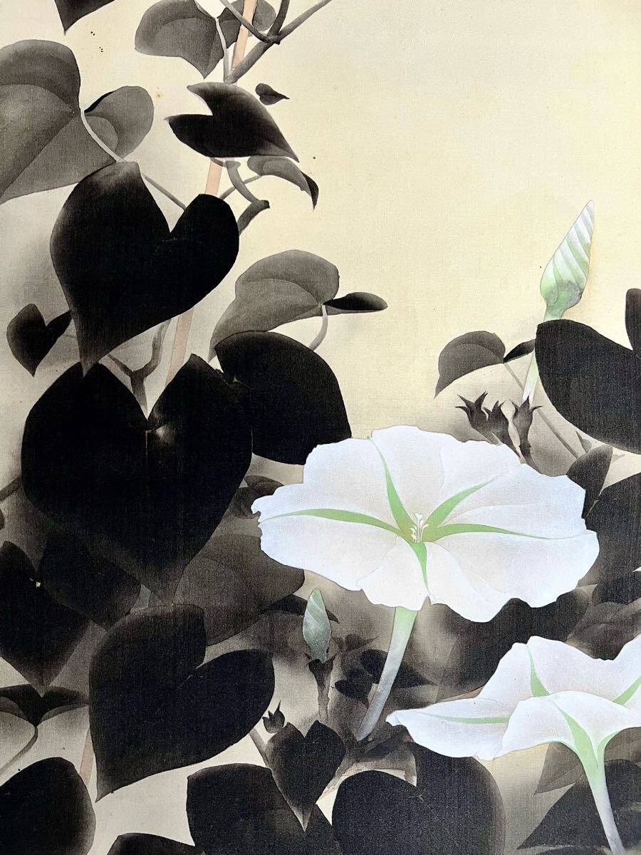 真作】【S8】阪口一草「朝顔」絹本 肉筆 合箱 花鳥図 茶掛け 絵画 掛軸