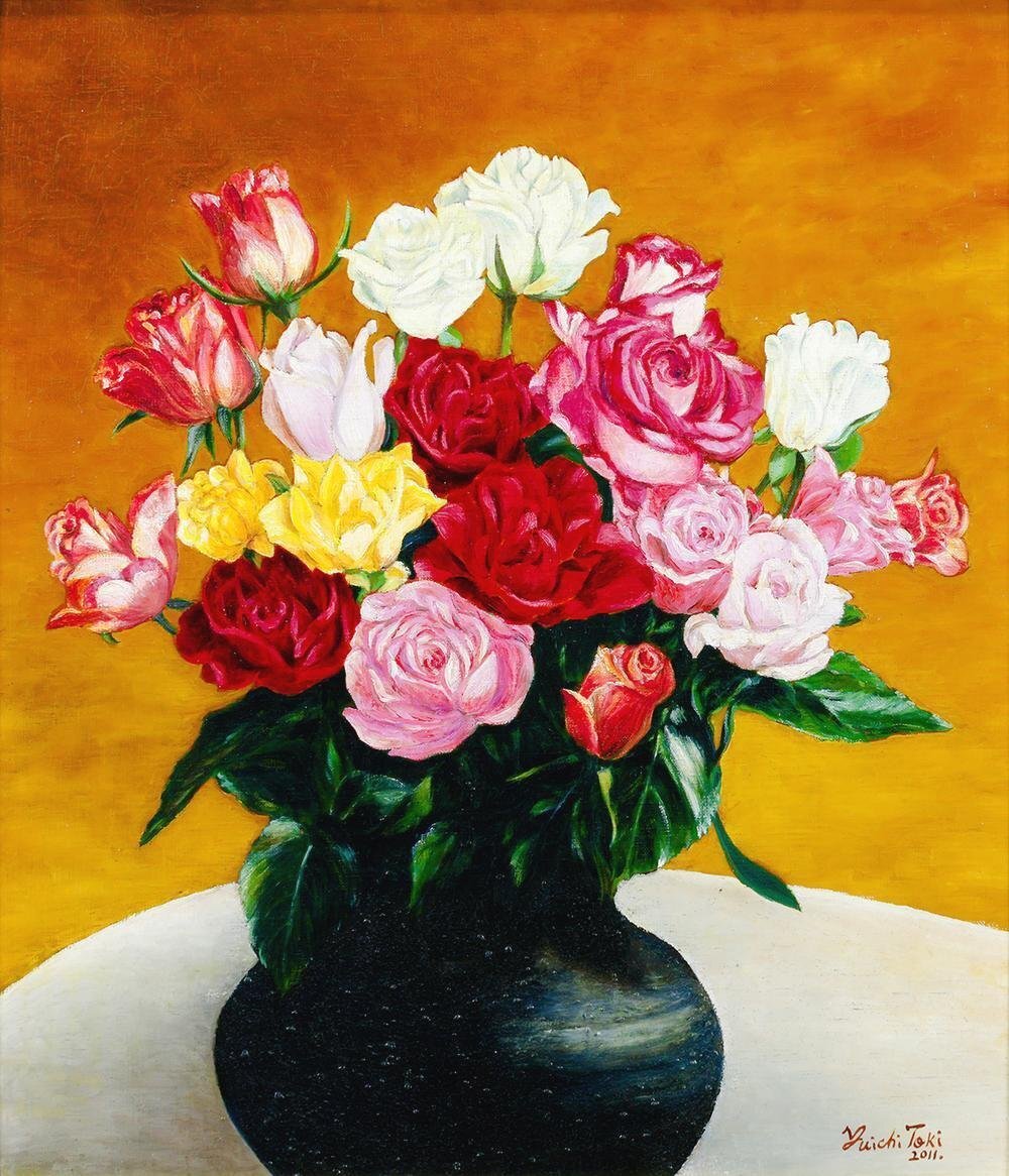 真作 WISH 土岐由一 薔薇 油彩 10号 2011年作 咲き誇る薔薇の饗宴