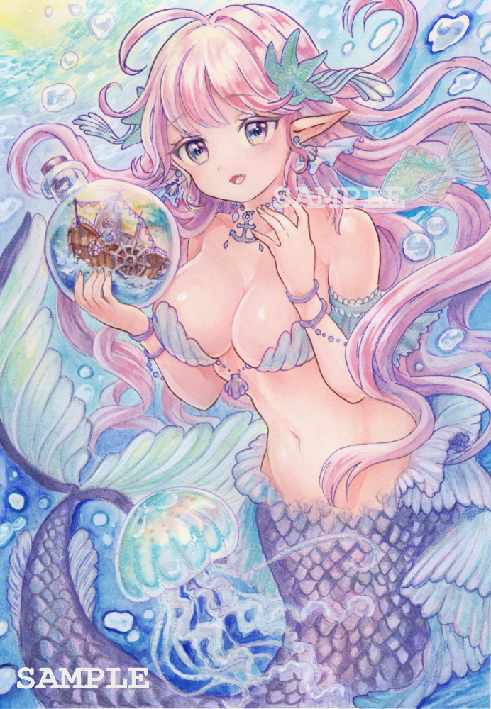 同人手描きイラスト◇オリジナル・創作 ◇ボトルシップと人魚ちゃん
