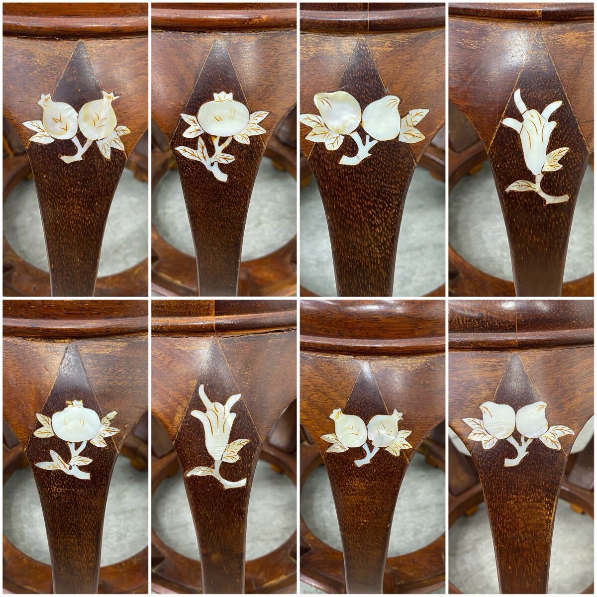 【美品】花梨 無垢 螺鈿細工スツール/椅子 飾り台/花台　太鼓型椅子 ○ 花梨 花台 太鼓型花台 丸花台 螺鈿細工 唐木 スツール 飾り台 木製