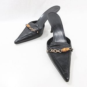 グッチ GUCCI サンダル ミュール チェーン バンブー ハイヒール レザー ブラック 黒 37C