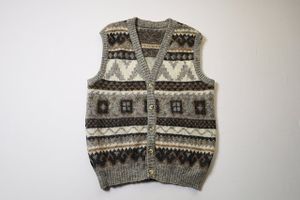 オールド◆　アイスランド製　ニットベスト　XLサイズ　総柄　民族柄　ウール　ニット　