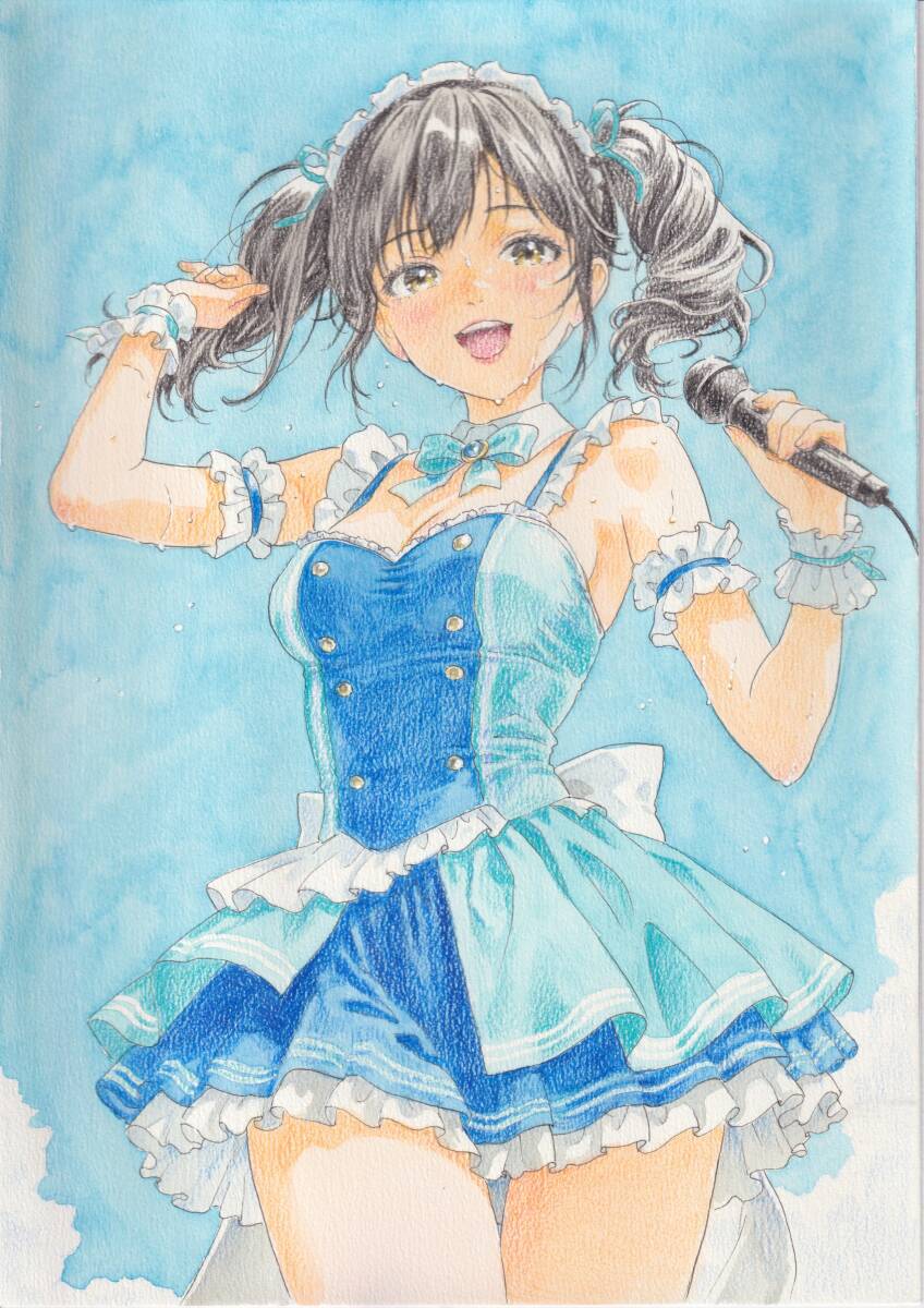 一点物 アイドル オリジナル ツインテール ブルー 美女 美少女 手描き