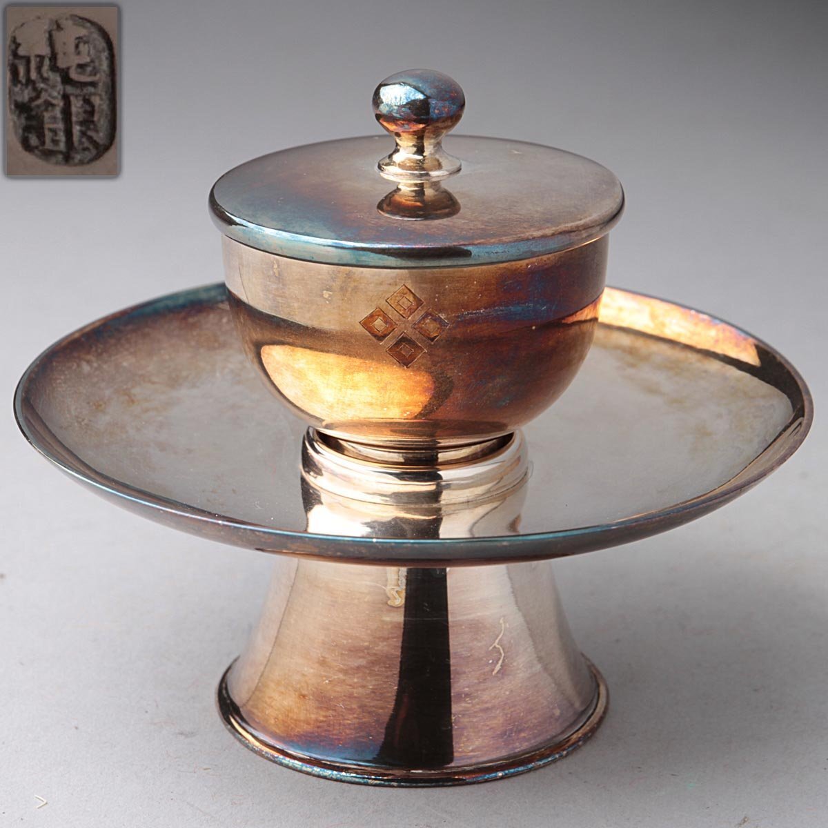ZN757 時代金工 純銀盃托・純銀茶湯器 一組 高7.5cm / 総重125g 純銀刻