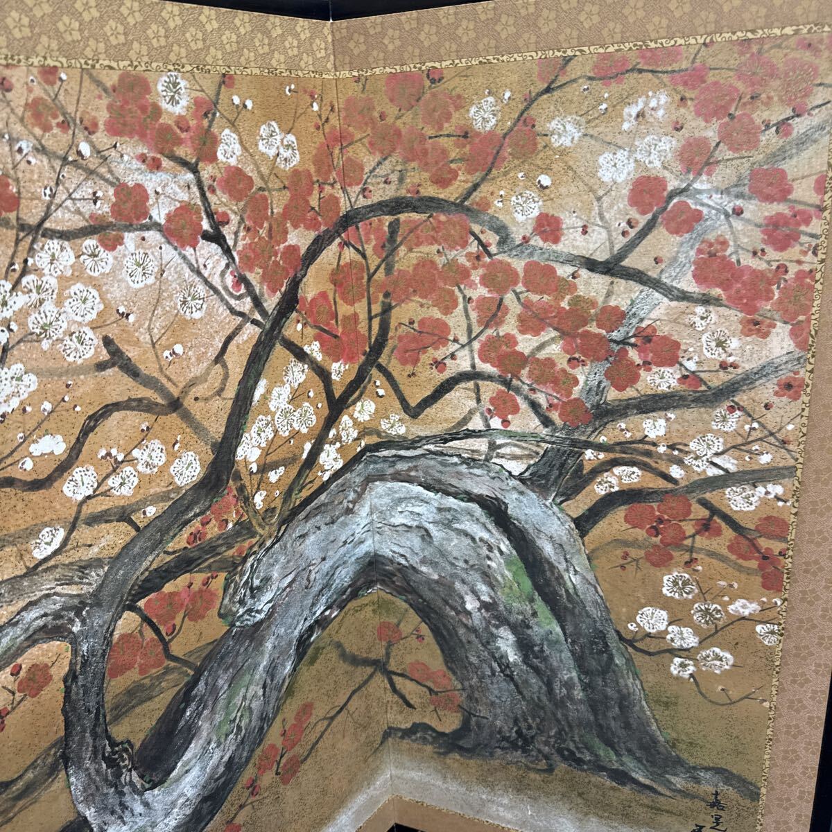 印刷 伊藤嘉晃 臥龍紅白梅図 四曲一隻 屏風 箱付 屏風 複製 古美術