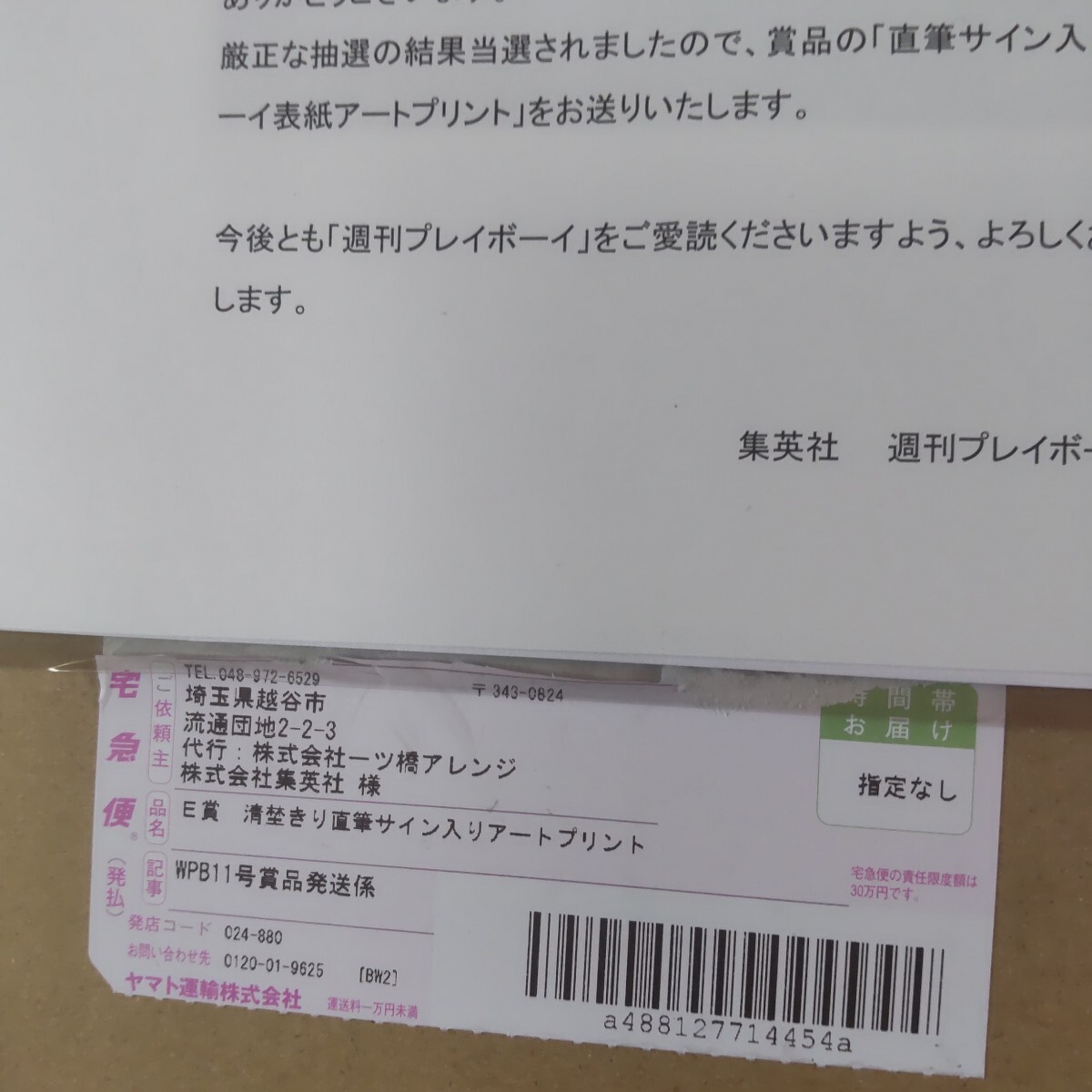清埜きり 週刊プレイボーイ 直筆サイン入り表紙アートプリント 抽選