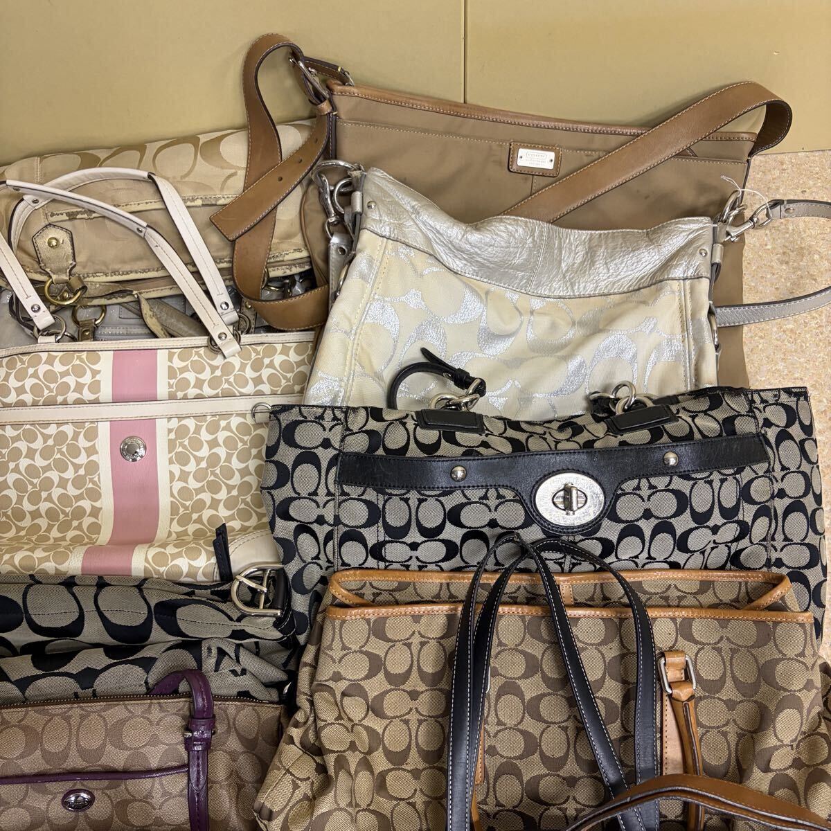1円 COACH コーチ シグネチャー キャンバス レザー トートバッグ