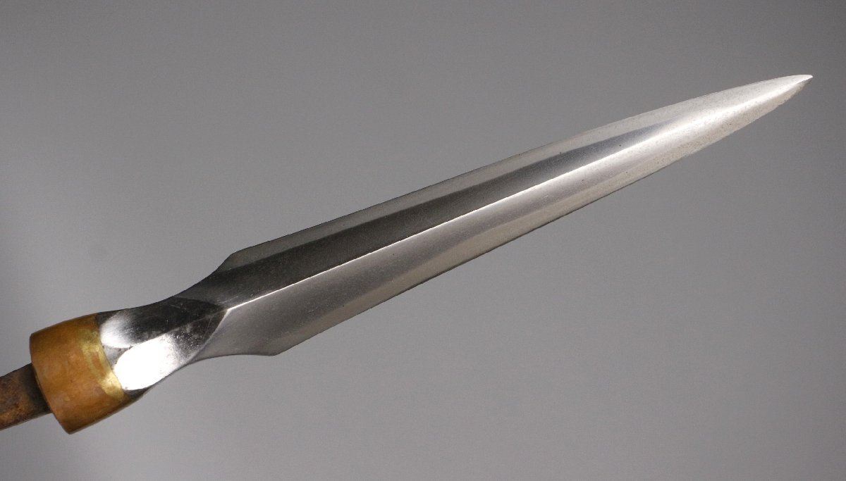 LIG】時代籠槍 88㎝ 家紋入卵殻鞘 細密装飾金具 平三角槍 14.9㎝ 登録
