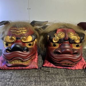 獅子頭 雄型 木製 木彫り 時代物 アンティーク 置物 縁起物 獅子舞 獅子頭 木彫 魔除け 祭 置物 古美術 神楽 木製 木彫 縁起物