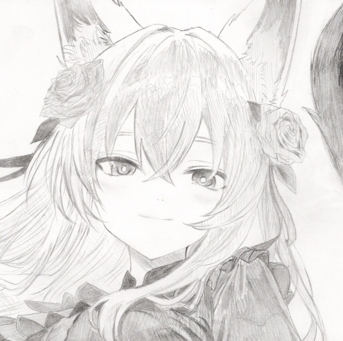猫耳 ドレス 手描きイラスト オリジナル A4 鉛筆画 シャーペン 美少女