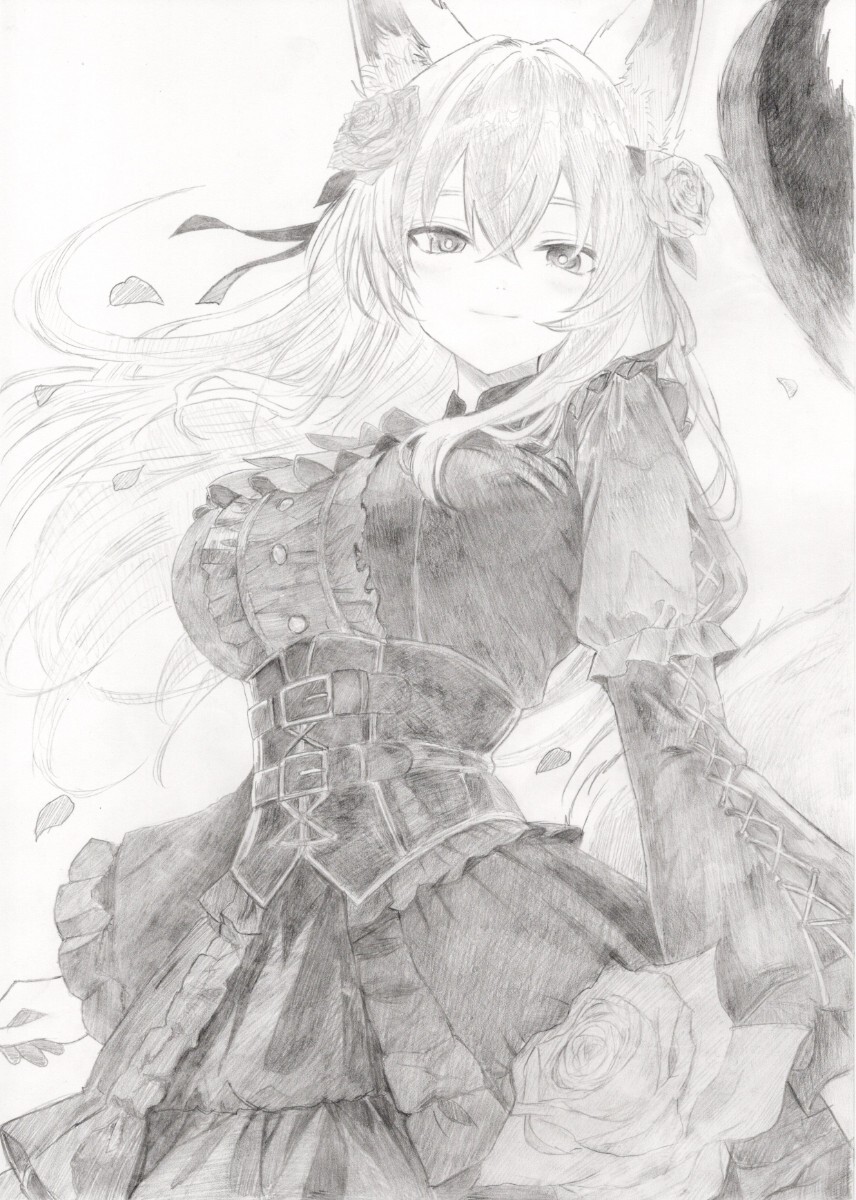 9*8様 【一点物 手描き 原画】 猫耳 ウェディングドレス 女の子 オリジナル 猫耳 ドレス 手描きイラスト オリジナル A4 鉛筆画 シャーペン 美少女