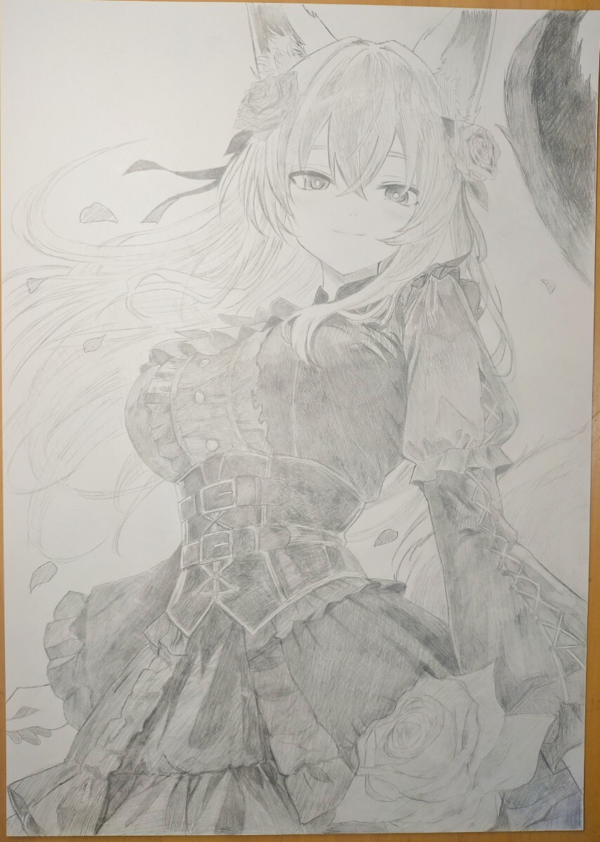 猫耳 ドレス 手描きイラスト オリジナル A4 鉛筆画 シャーペン 美少女