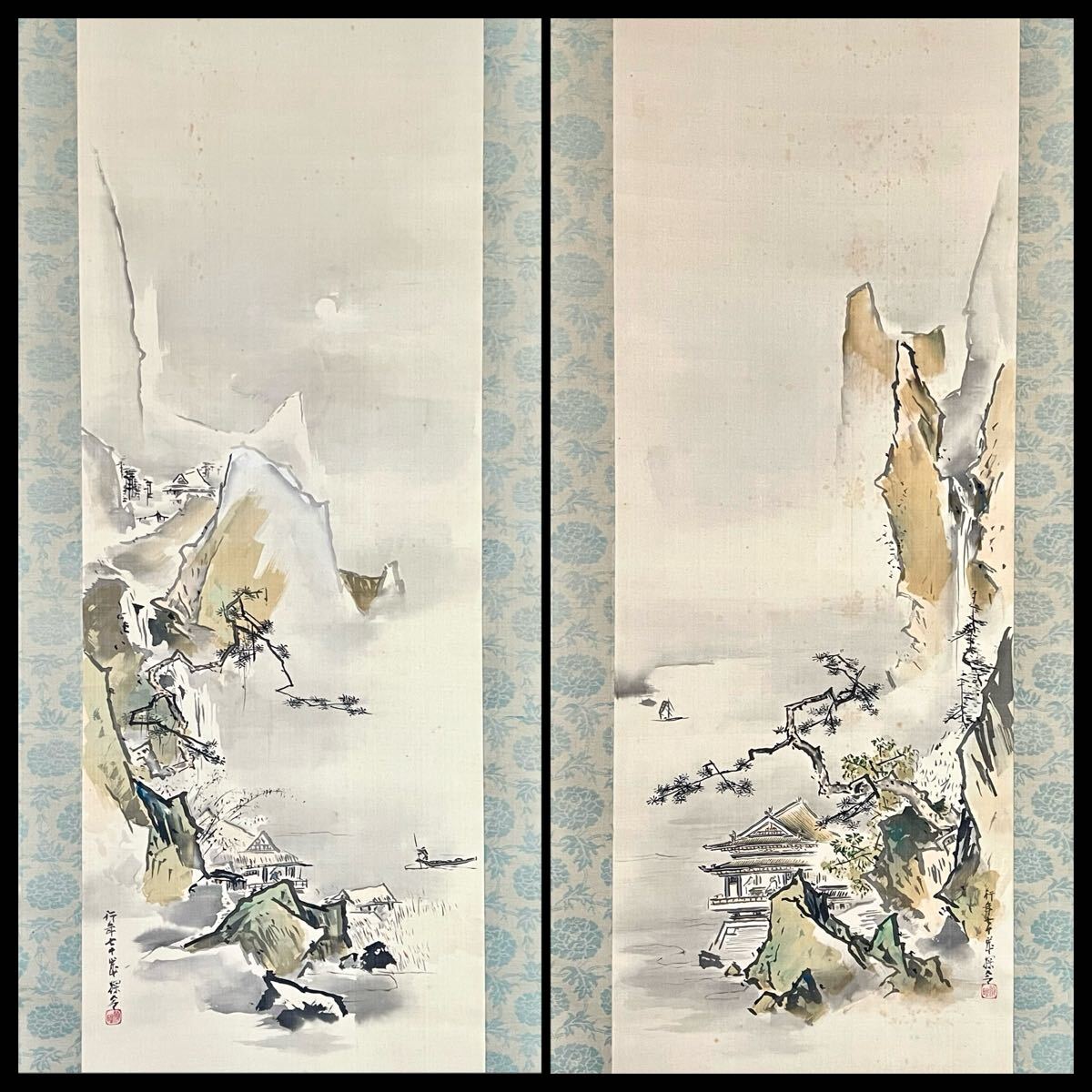 真作】【仙】荒木探令「夏冬山水図 双幅」絹本 肉筆 風景画 山水図