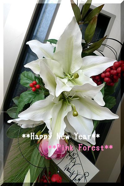 ■Pink Forest■カサブランカのドア飾り　松飾り　１点ものです_3