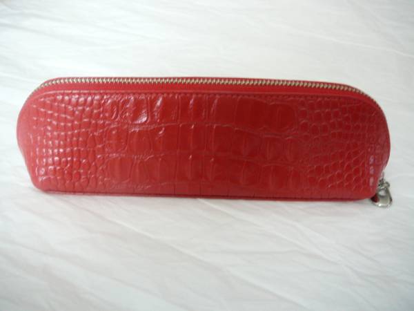 送料無料天然皮革牛革皮革型押しペンケース赤