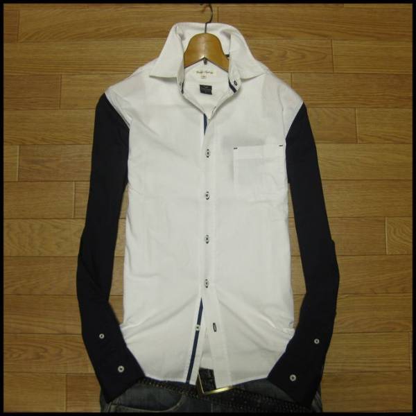 ★切替しデザインシャツ　ホワイト×ネイビーM★