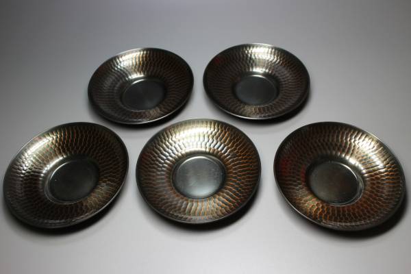 良品【銅製・槌目茶托5客/瑞正作】鉄瓶銀瓶湯沸煎茶道具中国 金 【公式