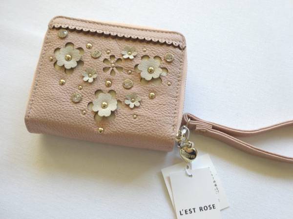 即決♪新品フラワーピンクベージュお財布・ストラップ付き