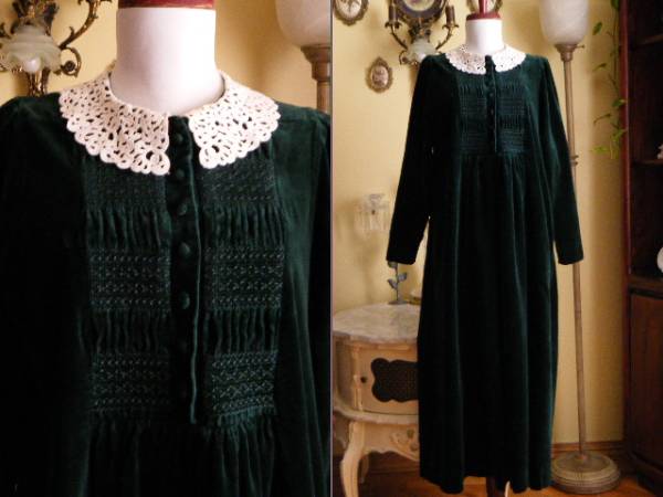 【ローラアシュレイ】VTG/レース襟/極上深緑ベルベットドレス