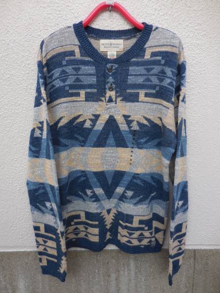 L 新品 DENIM&SUPPLY コットンニット検セーター ネイティブ柄 青