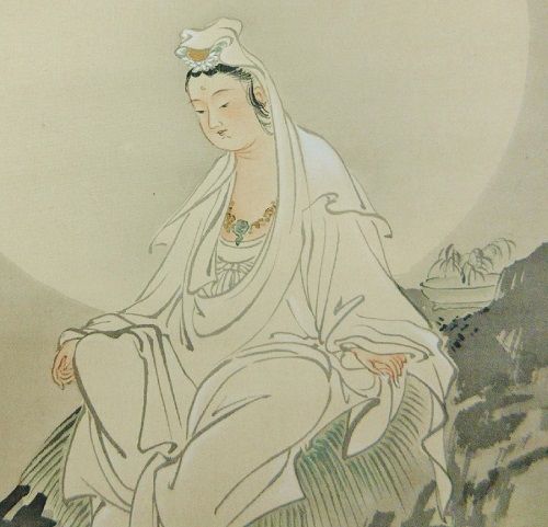 円山応挙●岩上観音●絹本●肉筆保証●巾29×縦40cm_1