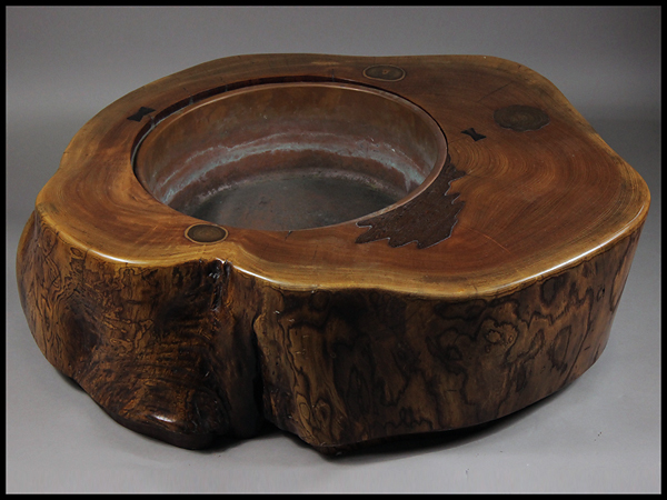 【賀】本時代 天然木 木象嵌 大振 火鉢 瓶掛 ◎QA