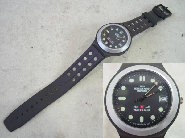 動作品 SWISS MOUNTAIN PATROL ARMY TIMER クオーツ式腕時計 A 03.590 3針 デイト 25年4月電池交換 札幌市 清田区 平岡 ☆SWISS MOUNTAIN PATROL ARMY TIMER クォーツ時計(3針＋カレンダー