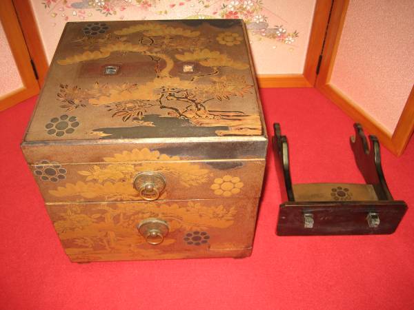 うぶだし骨董豪華梨地蒔絵引き出し脇差し短刀、十手掛け