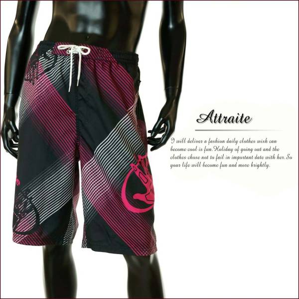 水着メンズ海パンボードショーツチェック黒Ｘピンク★LL