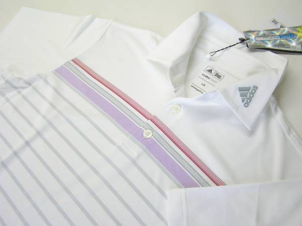 ◆アディダス.CLIMA COOL MAXボーダー共衿ポロシャツ(L灰新品◆